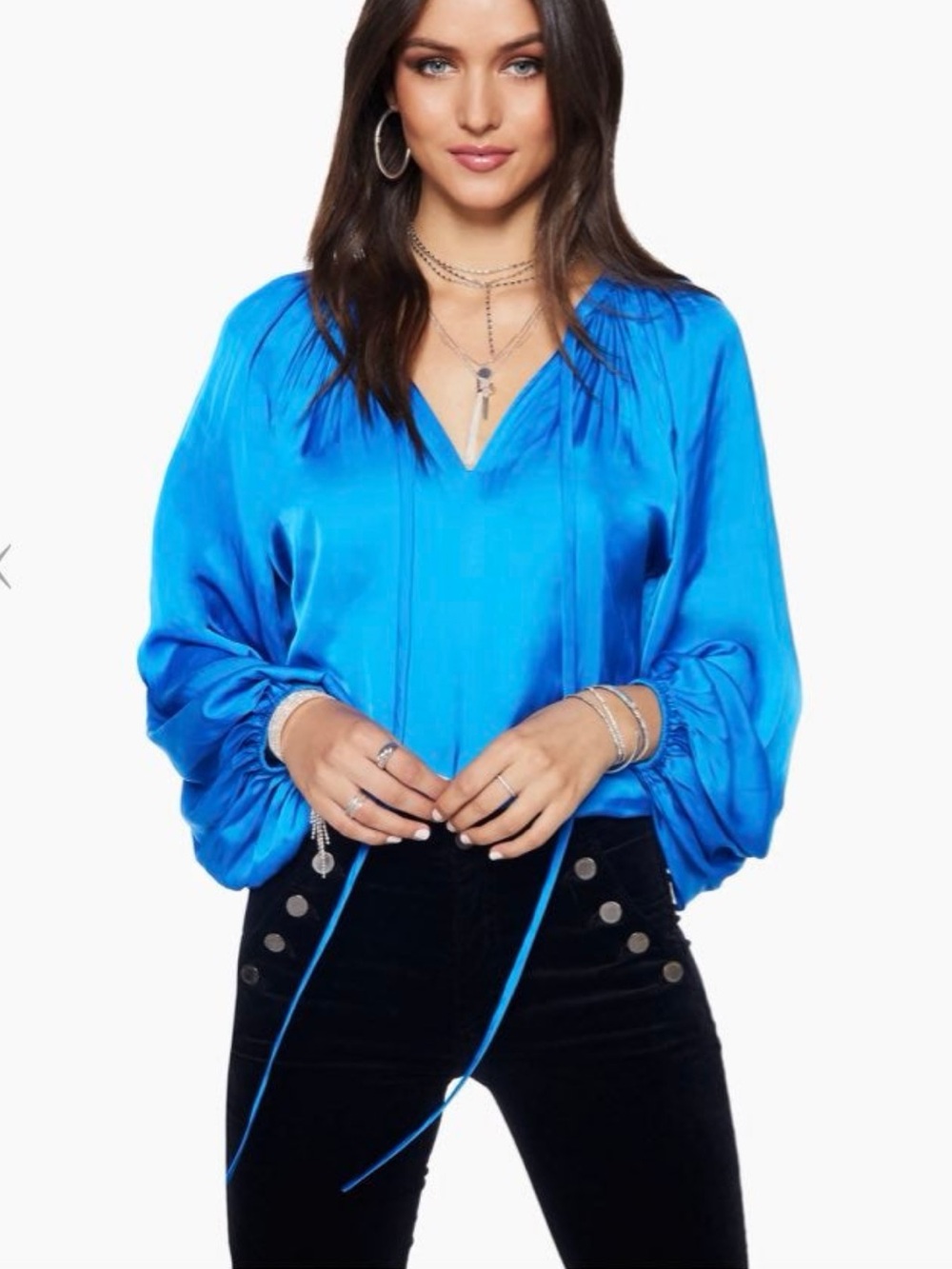 Ramy Brook Shiny Paris Long Sleeve V-Neck Blouse Bright Lapis Blue Size Small
